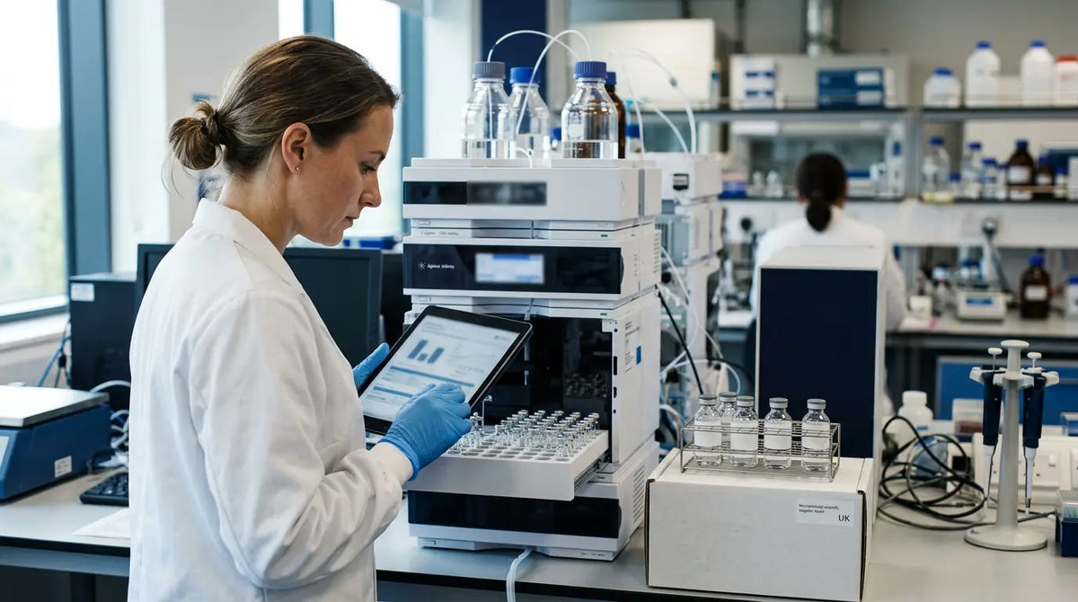 UK research peptide supplier quality check with vials, documents and HPLC equipment in a laboratory.