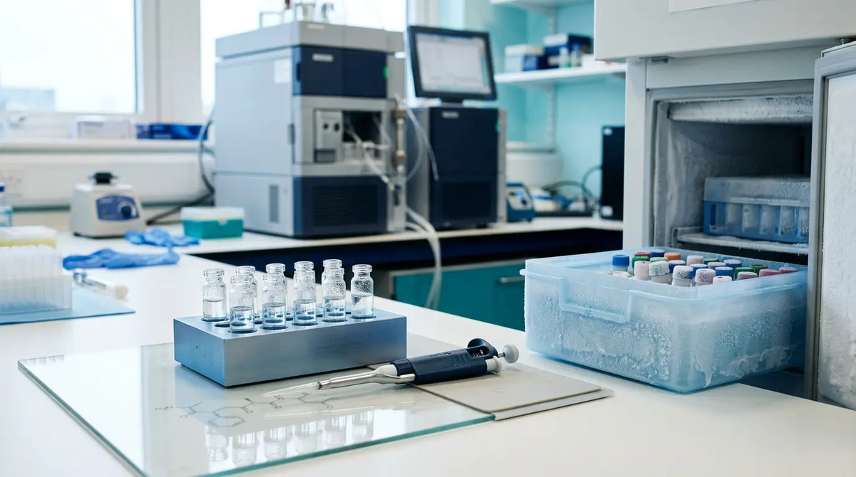 Reconstituted peptide aliquots stored cold in a research lab for viability and stability handling