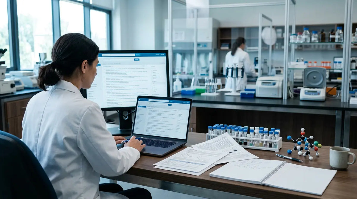 Researcher using a literature database for PubMed peptide research in a modern laboratory