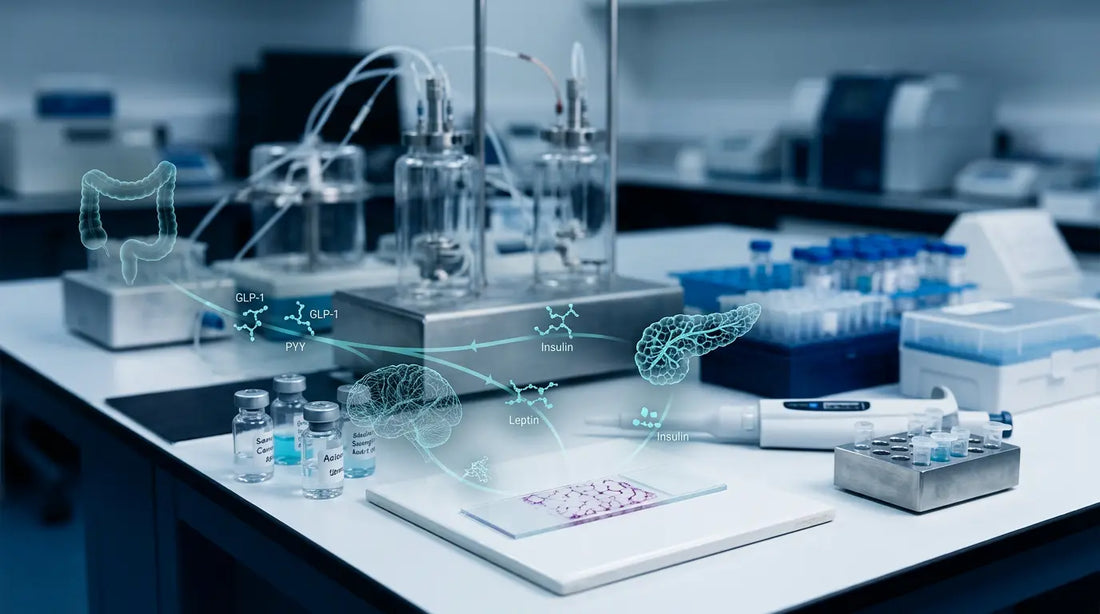 Metabolic peptide research lab showing adipose tissue analysis and appetite signalling pathways
