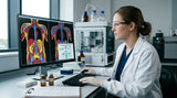 Scientist reviewing peptide body composition research with anonymised muscle and fat imaging in a laboratory.