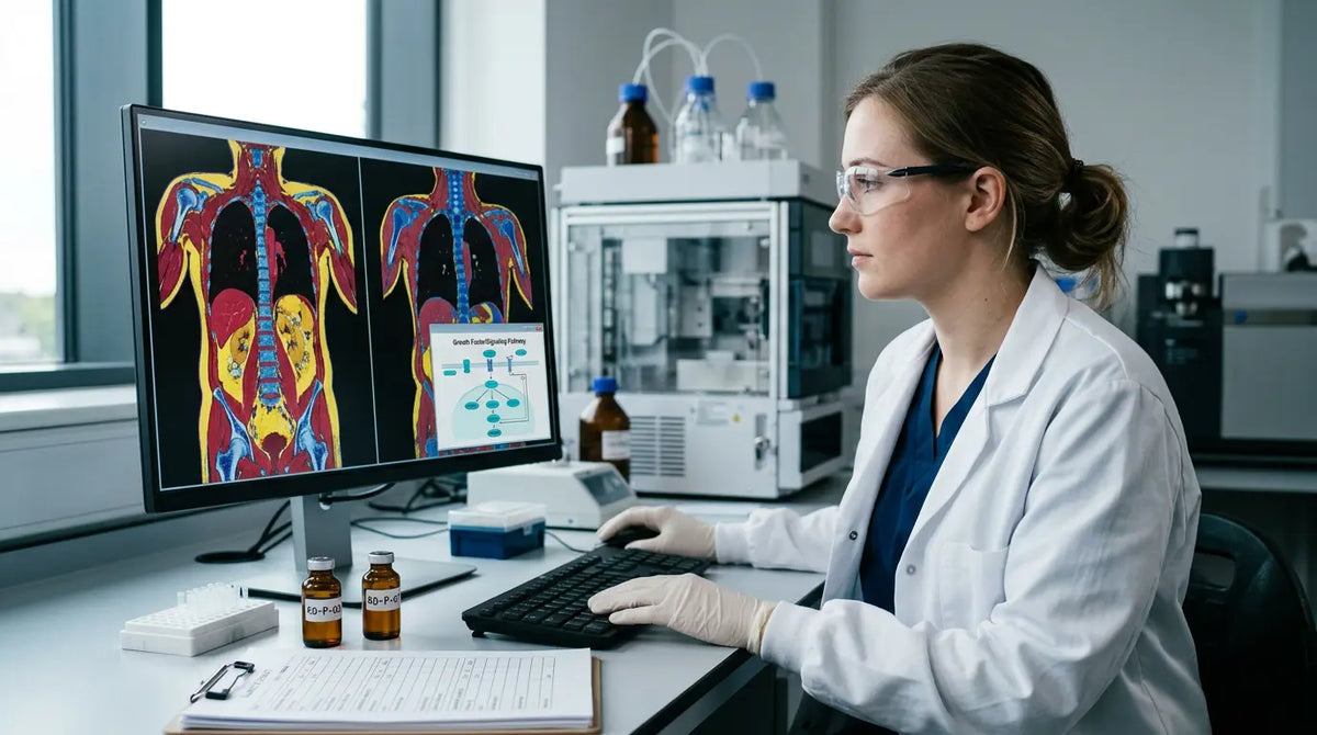 Scientist reviewing peptide body composition research with anonymised muscle and fat imaging in a laboratory.