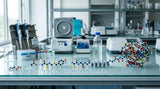 Amino acid models forming a peptide chain and folded protein in a modern research laboratory
