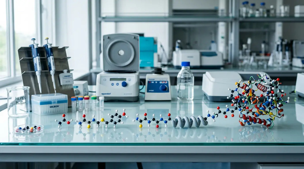 Amino acid models forming a peptide chain and folded protein in a modern research laboratory