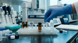 Peptide degradation lab scene with sample vials, cold storage and HPLC quality control equipment