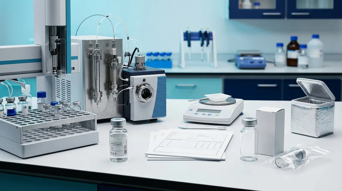 Laboratory quality control scene comparing peptide pricing through HPLC testing, documentation and cold chain handling