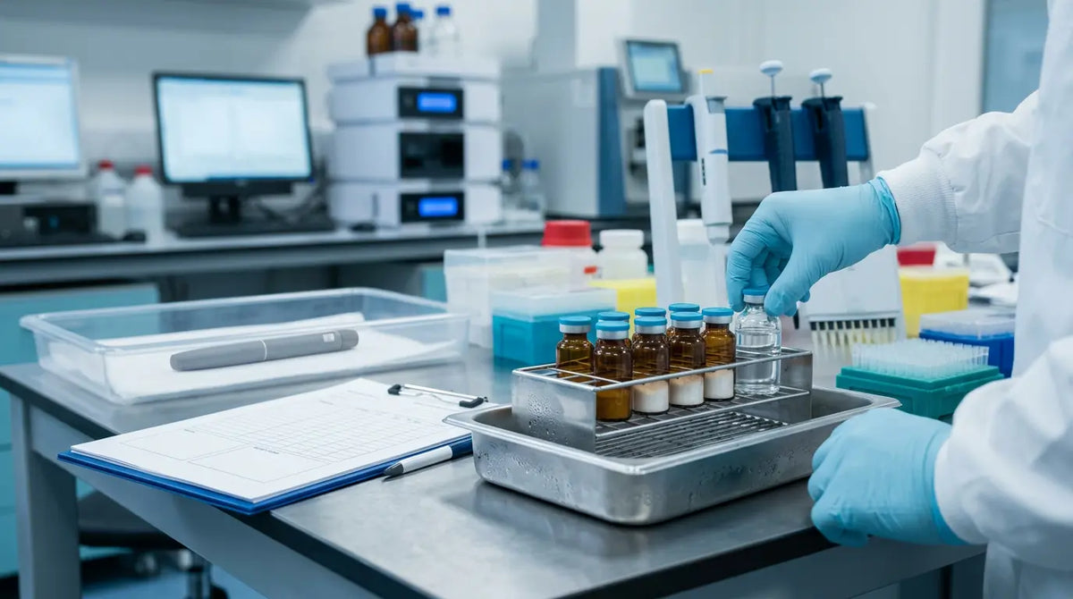 Lyophilised research peptide vials beside lab equipment and an unused pre-filled pen device